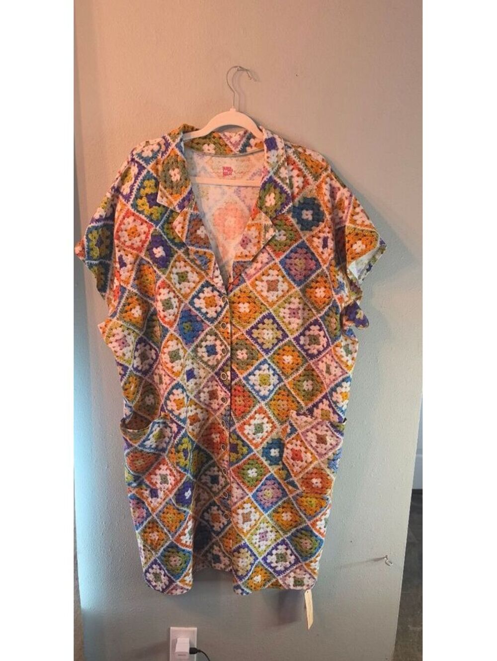 Tamara Malas Yasmine Shirt Dress 18/20 Granny Square Crochet Print NWT